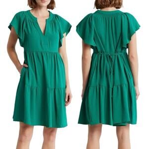 NWOT Calvin Klein size 14 Flutter Sleeve Split Neck Waist Tie Dress - Green